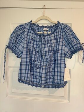 Assembly Label womens Blue Plaid Embroidered Peasant Blouse